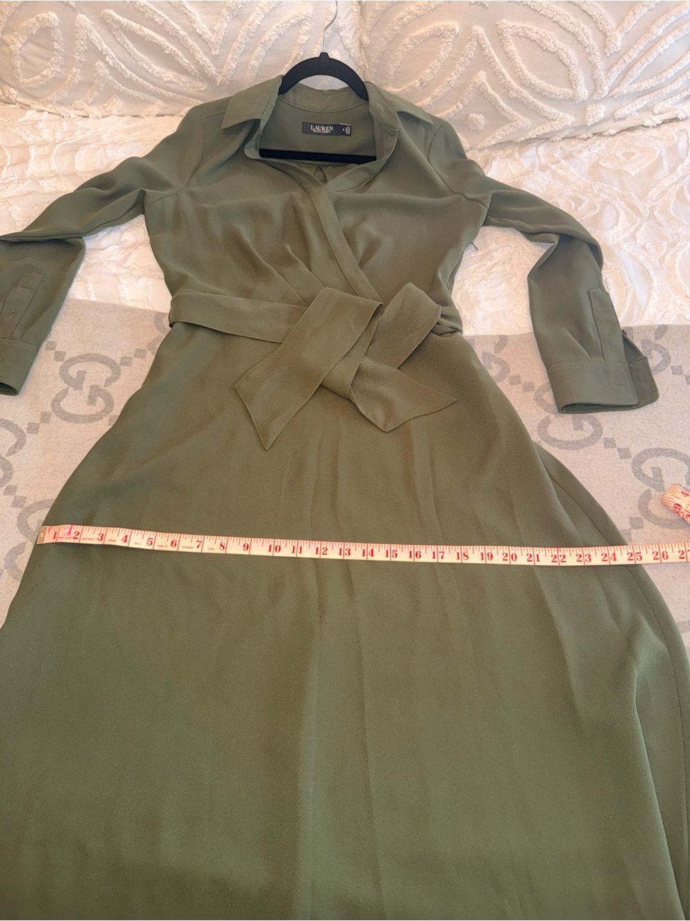 Lauren Ralph Lauren Surplice Georgette Olive Green Wrap Midi Dress - Elegant - Picture 7 of 14